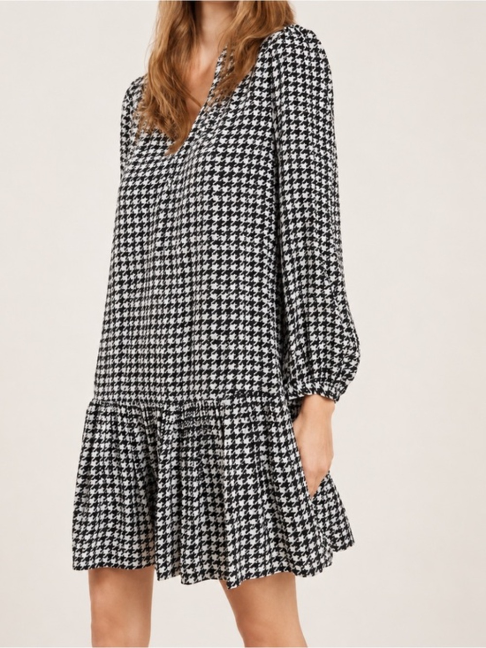 Anthro Maeve Margaret Houndstooth Tunic Ruffle Hem Long Sleeve Mini Dress